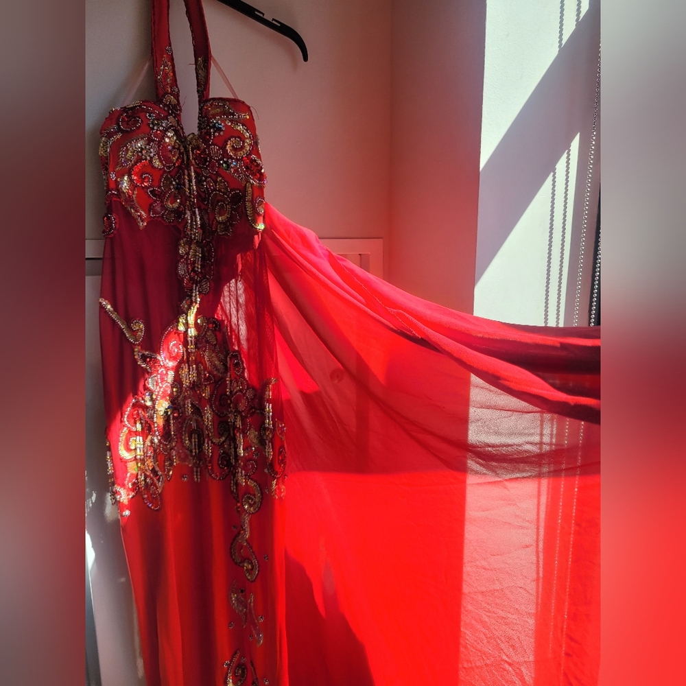 Gorgeous Red long belly dancing dress handmade in Egypt